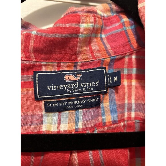 Vineyard Vines Slim Fit Whale Shirt Men's Medium Pink Linen Plaid Murray Style - Picture 2 of 4